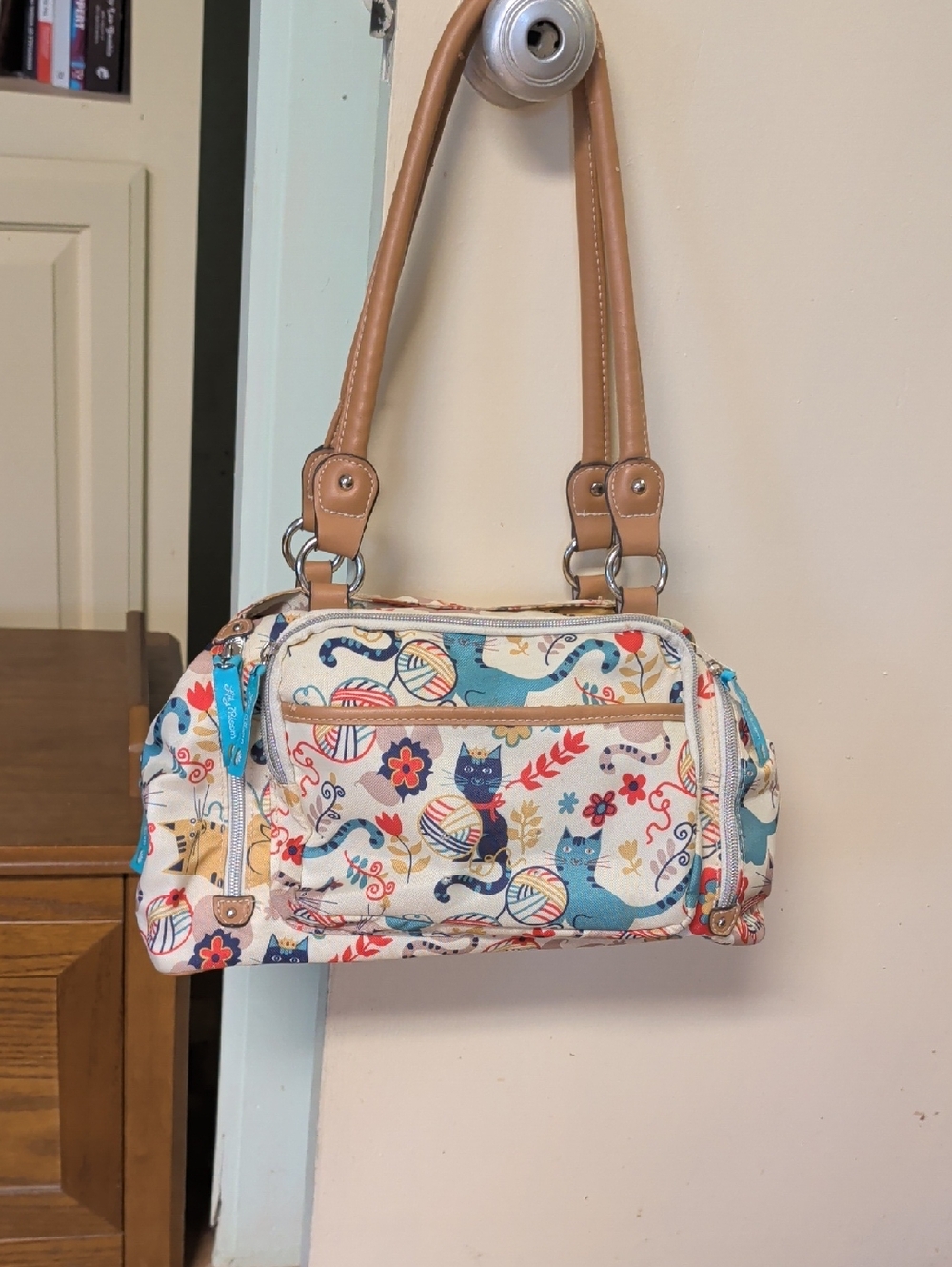 Cat Print Canvas Shoulder Bag with Tan Handles